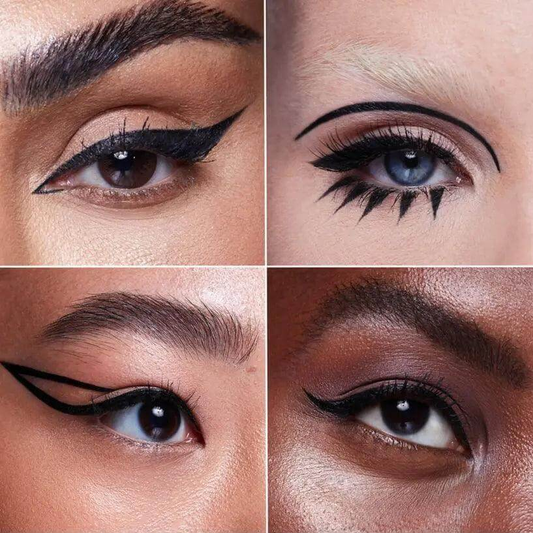 Various eye makeup looks featuring sleek lines created using Huda Beauty Life Liner Quick ‘N Easy Precision Liquid Liner.