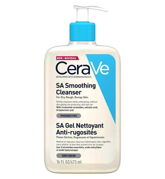 CeraVe SA Smoothing Cleanser 473ml bottle for dry, rough skin; exfoliates with ceramides, salicylic acid, and hyaluronic acid.