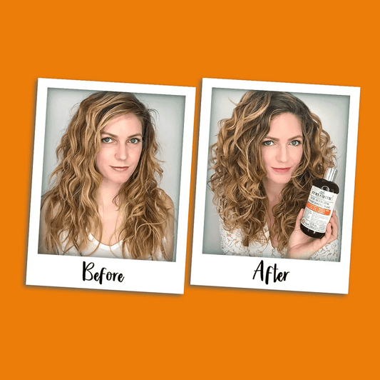 Before and after using Curlsmith Moisture Curl Quenching Conditioning Wash for enhanced curly hair.