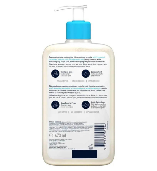 CeraVe Smoothing Cleanser 473ml bottle back view with ingredient details and usage instructions.
