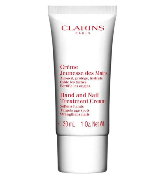 Clarins Hand & Nail Treatment Cream tube, 30 mL, enhances hydration, softens hands, strengthens nails.
