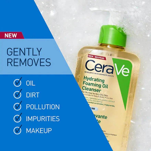CeraVe Hydrating Foaming Oil Cleanser 236ml, gentle daily cleanser for oil, dirt, pollution, impurities, and makeup removal.