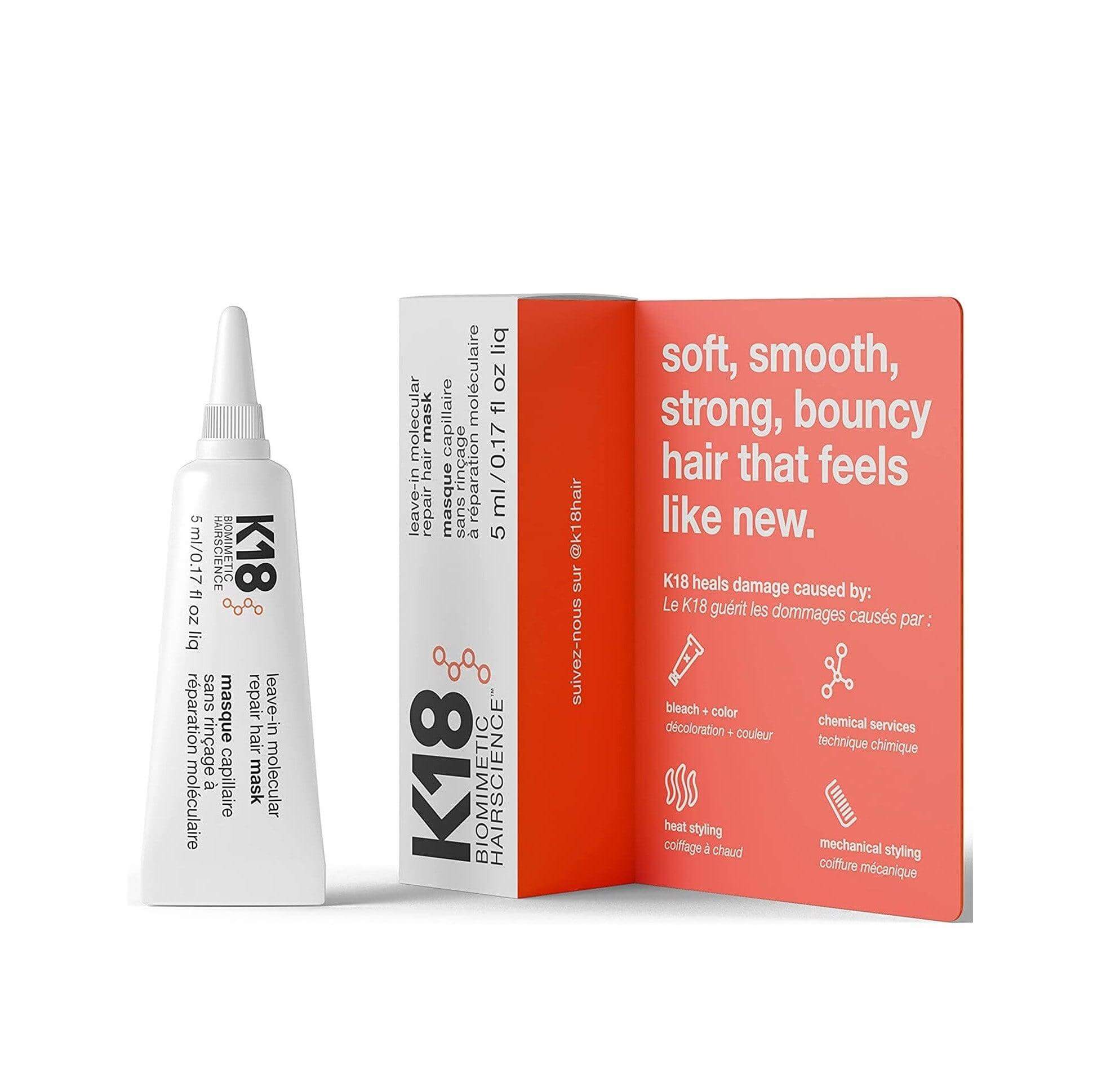 K18 Leave-In Molecular Repair Hair Mask 5ml packaging with text on benefits for soft, smooth, and bouncy hair.