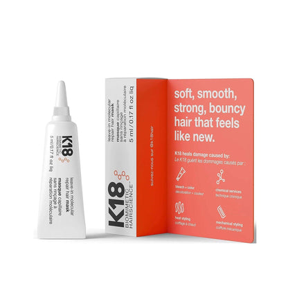 K18 Leave-In Molecular Repair Hair Mask 5ml packaging with text on benefits for soft, smooth, and bouncy hair.