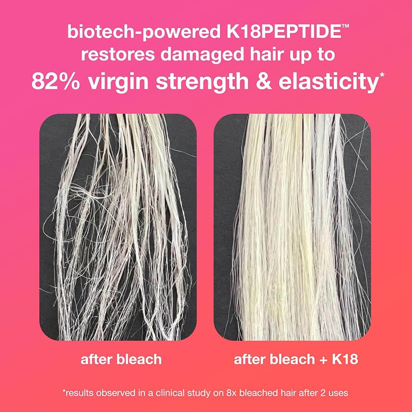 Before and after results of K18Leave-In Hair Mask showing restored hair strength and elasticity after bleaching.