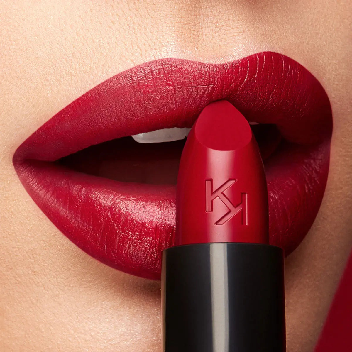 KIKO MILANO Smart Fusion Lipstick 416 Cherry Red on model's lips, showcasing a creamy, bright finish and rich color.