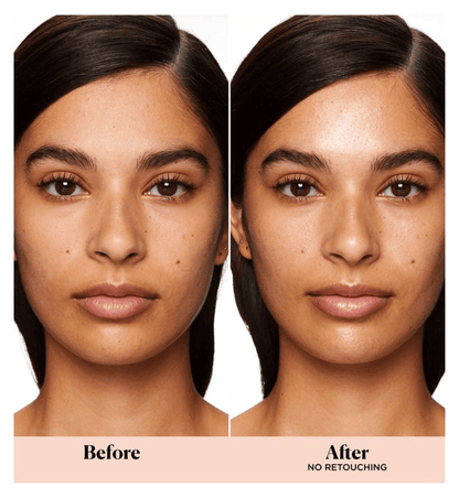 Comparison image showing before and after using Laura Mercier Pure Canvas Primer, highlighting a luminous complexion.