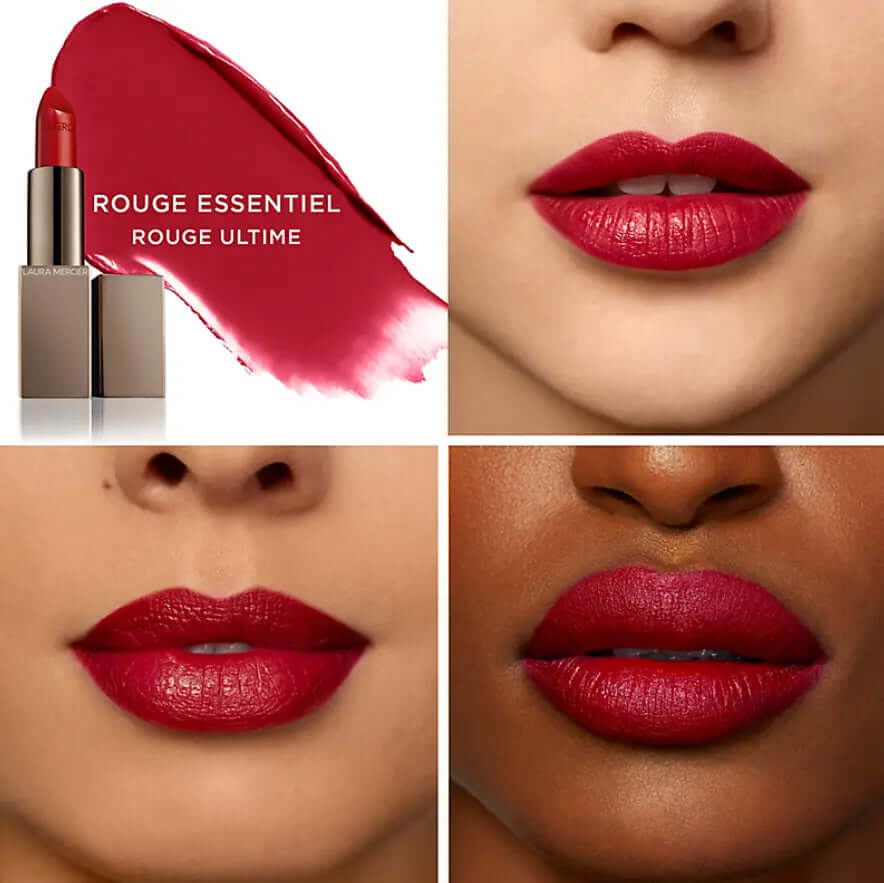 Laura Mercier Rouge Essentiel Rouge Ultime Lipstick swatches on diverse lips showcasing vibrant satin finish.