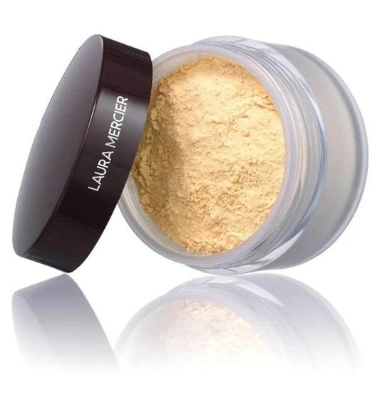 Laura Mercier Translucent Loose Setting Powder in Honey, 29g jar with light-reflecting particles for a flawless finish.