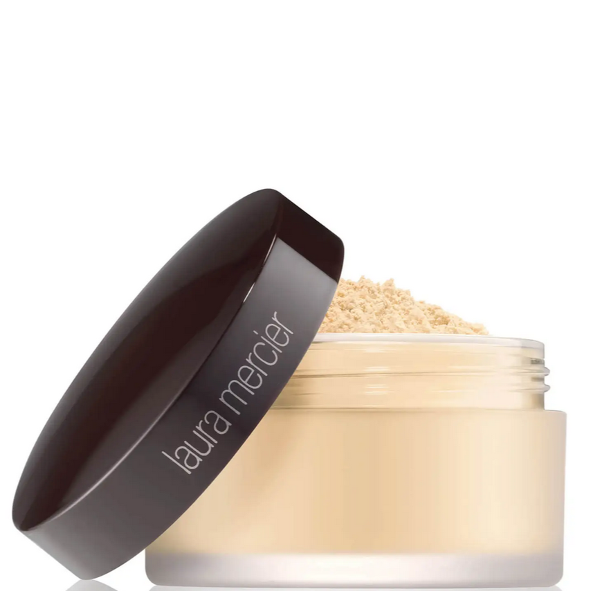 Laura Mercier Translucent Loose Setting Powder in Translucent, 9.3g, open jar with powder visible.