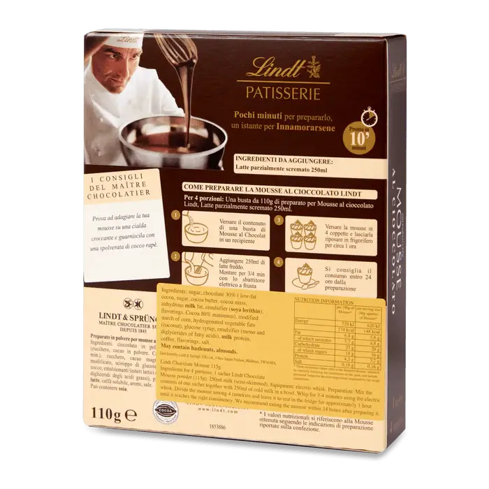 Lindt Chocolate Mousse 110g packaging, showcasing preparation instructions and ingredients for a rich, gluten-free dessert.