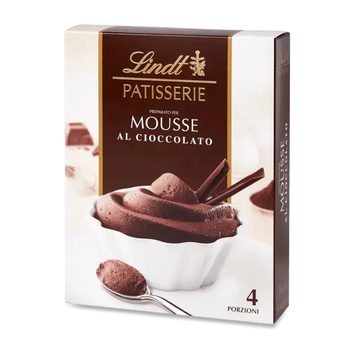 Lindt Chocolate Mousse 110g box featuring rich chocolate mousse dessert. Gluten-free and pre-order available.