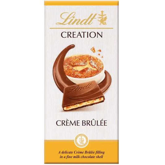 Lindt CREATION Creme Brulee Bar 150g with chocolate shell and creamy filling, inspired by the classic dessert.