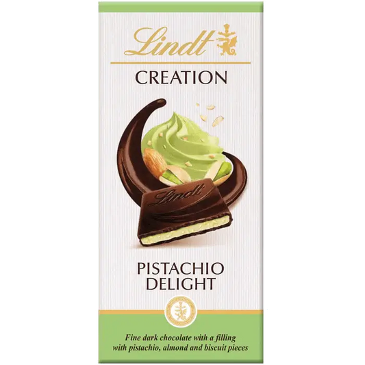 Lindt CREATION Dark Pistachio Bar 150g with rich chocolate and pistachio filling in elegant packaging.