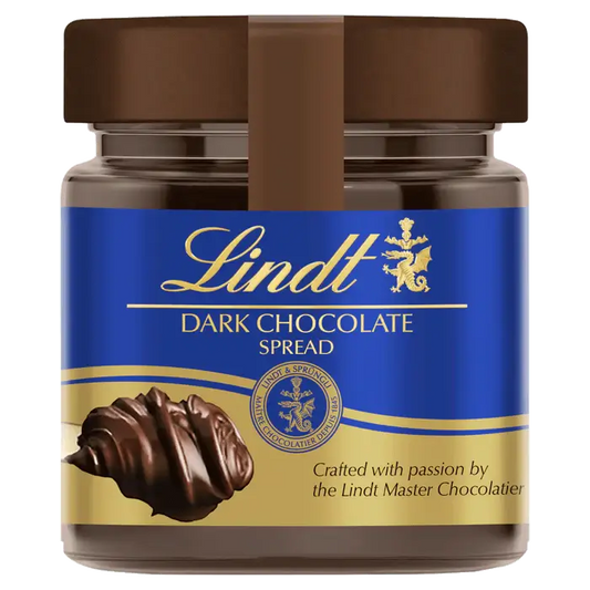 Lindt Dark Chocolate Spread 200g jar, a luxurious treat for toast, pancakes, and desserts.