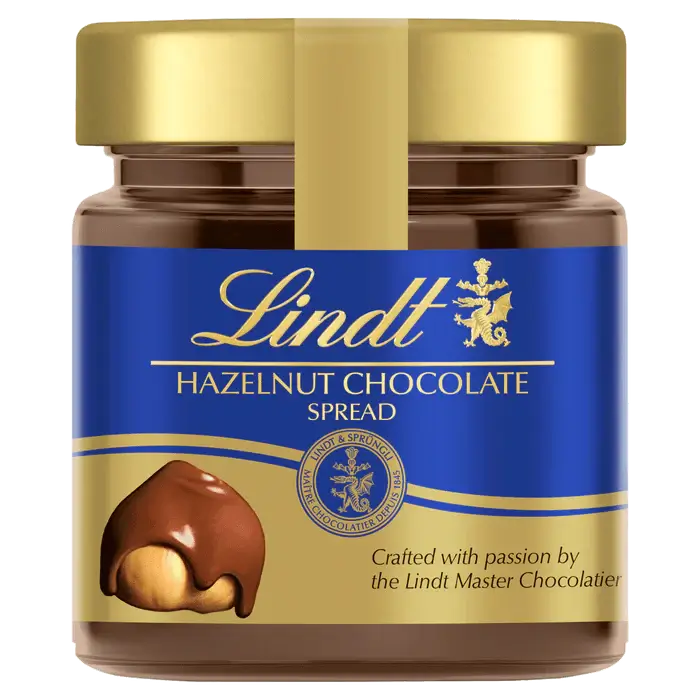 Lindt Hazelnut Chocolate Spread 200g jar, crafted by Lindt Master Chocolatier, perfect for spreads and desserts.