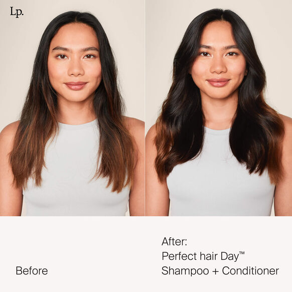 Before and after showing results of Living Proof Perfect Hair Day Shampoo and Conditioner, highlighting smooth and shiny hair.