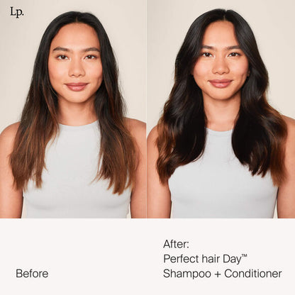 Before and after showing results of Living Proof Perfect Hair Day Shampoo and Conditioner, highlighting smooth and shiny hair.