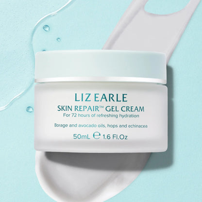 Liz Earle Skin Repair Gel Cream 50ml jar against a light blue background, showcasing its hydrating texture and ingredients.
