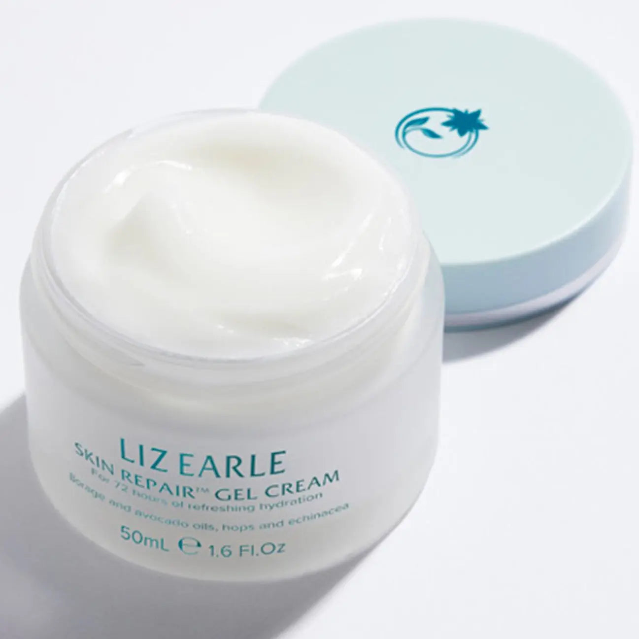 Liz Earle Skin Repair Gel Cream 50ml jar with a soothing gel texture for 72 hours of hydration.