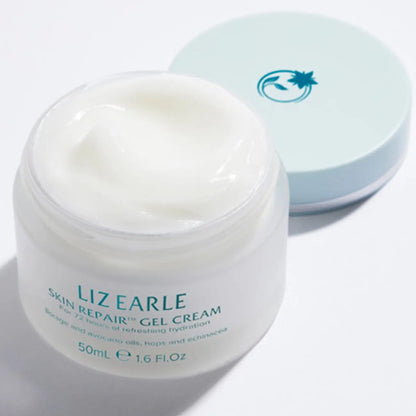 Liz Earle Skin Repair Gel Cream 50ml jar with a soothing gel texture for 72 hours of hydration.