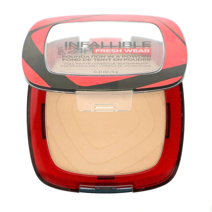 L'Oreal Infallible 24H Fresh Wear Powder Foundation in shade 120 Vanilla, providing long-lasting matte coverage and flawless skin.