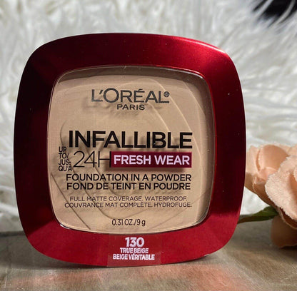 L'Oreal Infallible 24H Fresh Wear Face Powder in 130 True Beige, offering full matte coverage and waterproof finish.