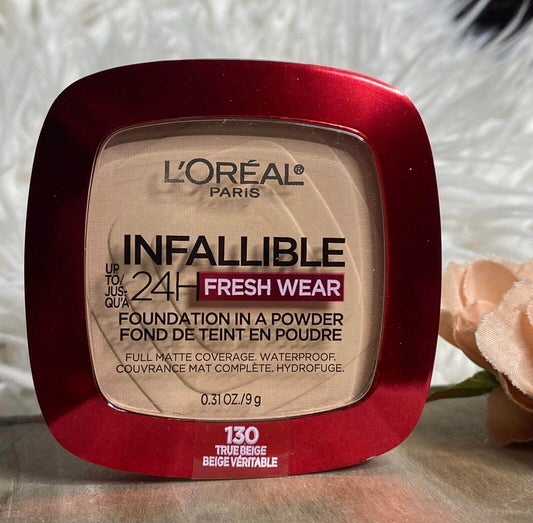 L'Oreal Infallible 24H Fresh Wear Face Powder in 130 True Beige, offering full matte coverage and waterproof finish.
