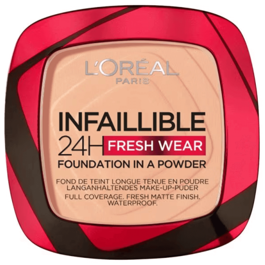 L'Oreal Paris Infallible 24H Fresh Wear Powder Foundation in Golden Honey, full coverage, matte finish, waterproof.