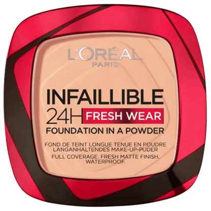 L'Oreal Paris Infallible 24H Fresh Wear Powder Foundation in Golden Honey, full coverage, matte finish, waterproof.