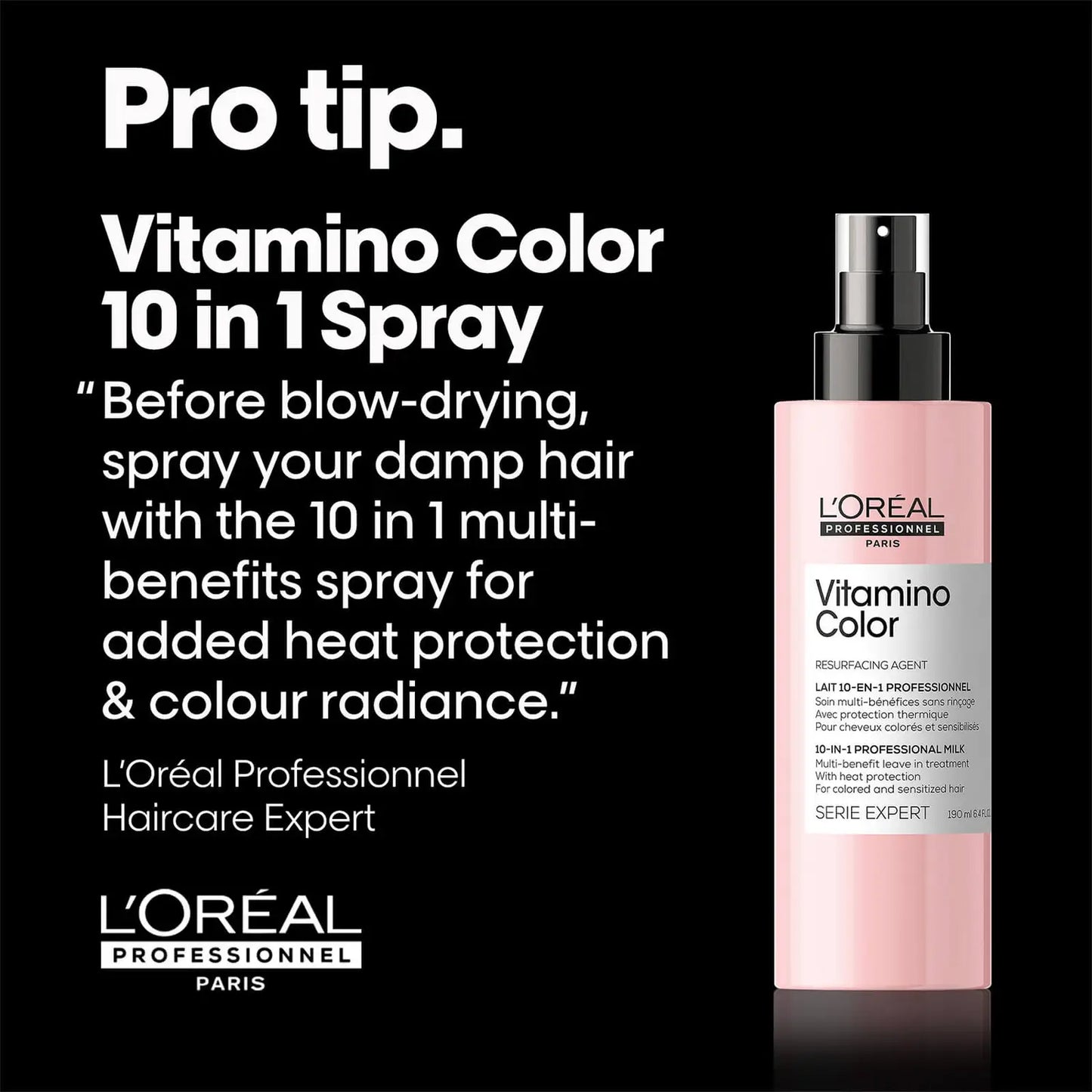 L'Oreal Professionnel Vitamino Color 10 in 1 Spray with tips for heat protection and enhanced hair color vibrancy.