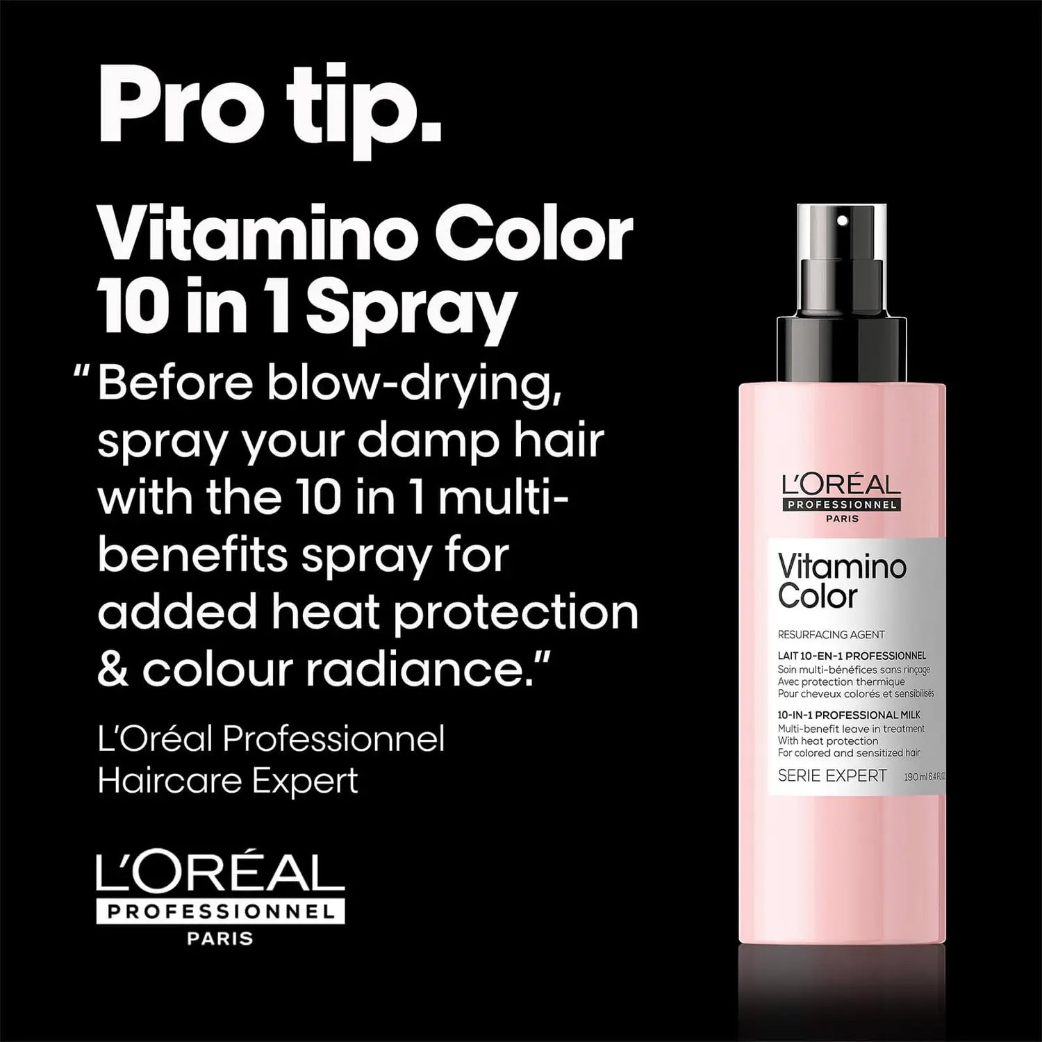 L'Oreal Professionnel Vitamino Color 10 in 1 Spray with tips for heat protection and enhanced hair color vibrancy.
