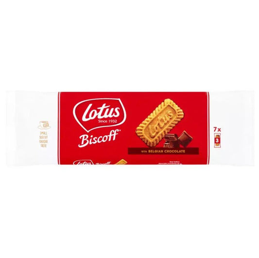 Lotus Biscoff Original Caramelised Biscuit pack with Belgian chocolate, 22 grams, vegetarian-friendly snack.
