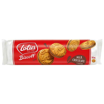 Lotus Biscoff Sandwich 110g pack featuring milk chocolate flavor biscuits for a crunchy treat.