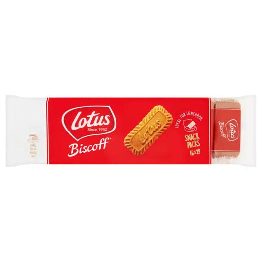 Lotus Biscoff 16x15 snack packs featuring crunchy biscuits, perfect for lunchboxes, vegan-friendly.