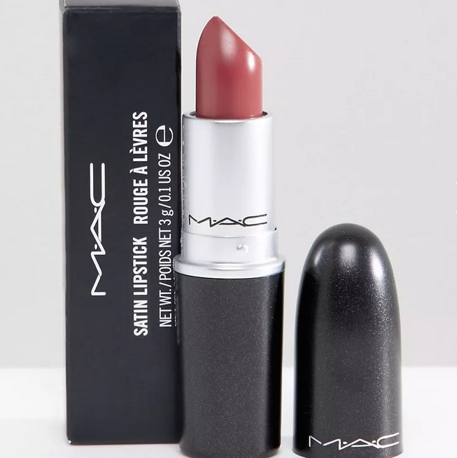 MAC Satin Lipstick in Twig: warm-toned mauve with a satin finish, creamy formula, and vibrant color.