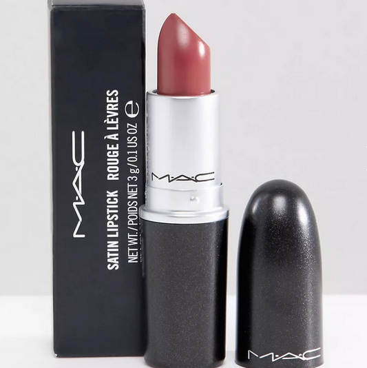 MAC Satin Lipstick in Twig: warm-toned mauve with a satin finish, creamy formula, and vibrant color.