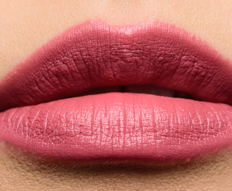 Close-up of lips wearing MAC Satin Lipstick in Twig, a warm-toned mauve with a satin finish and creamy texture.