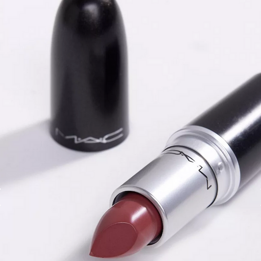MAC Satin Lipstick in Twig, a warm-toned mauve with creamy texture and satin finish, showcasing vibrant color and lasting wear.