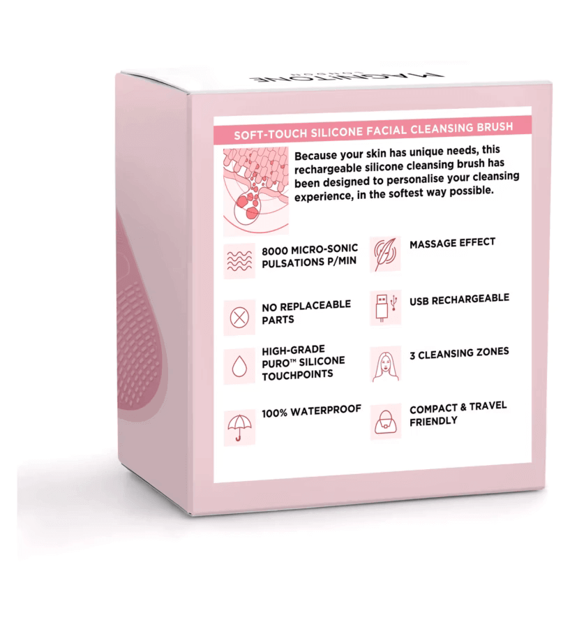 Magnitone XOXO SoftTouch Silicone Cleansing Brush packaging showcasing features and specifications for effective skincare.