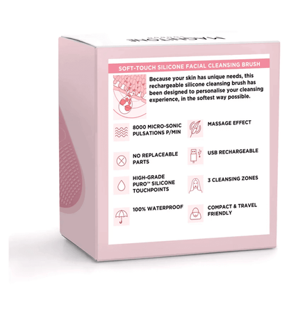 Magnitone XOXO SoftTouch Silicone Cleansing Brush packaging showcasing features and specifications for effective skincare.