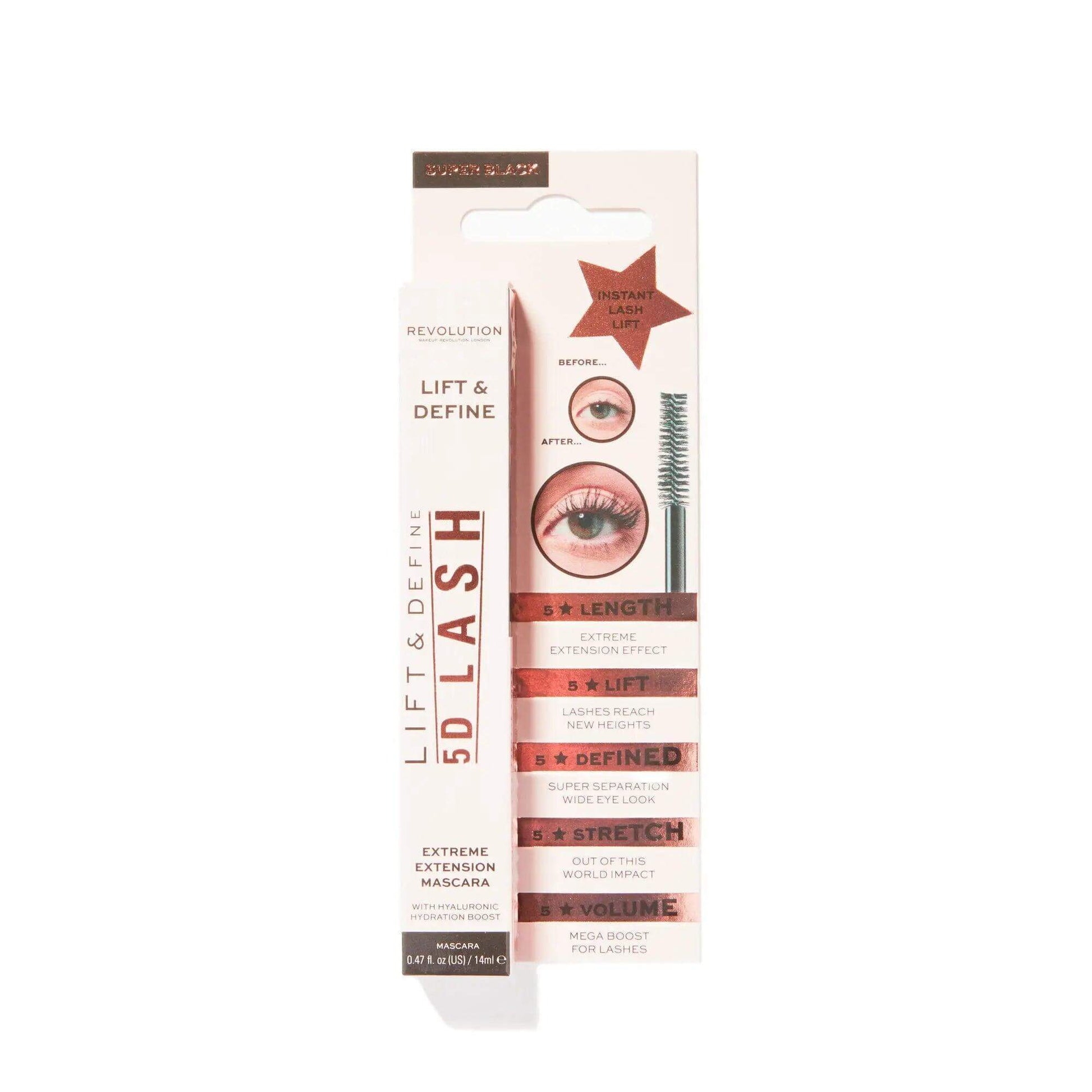 Makeup Revolution 5D Lash Mascara packaging showcasing extreme extension and volume benefits with application brush.