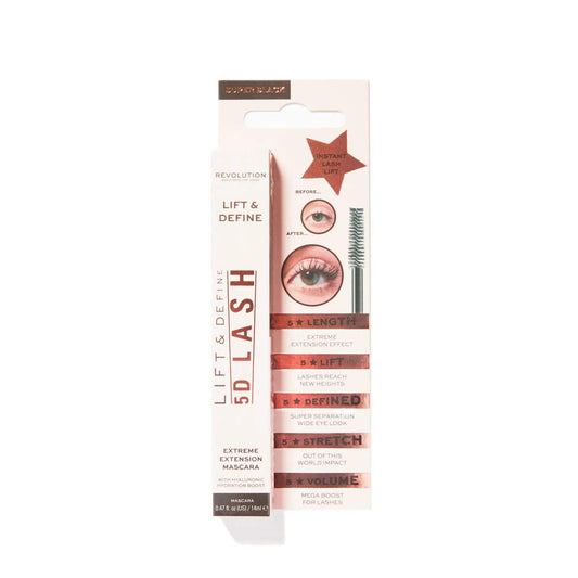 Makeup Revolution 5D Lash Mascara packaging showcasing extreme extension and volume benefits with application brush.