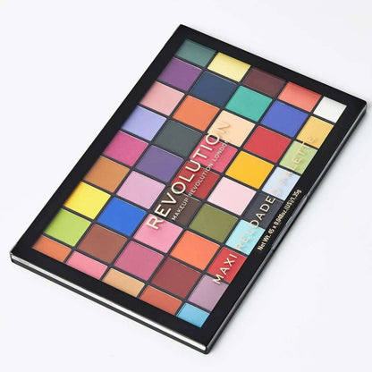 Makeup Revolution Maxi Reloaded Palette Monster Mattes featuring 45 vibrant matte eyeshadow shades in a sleek black case.