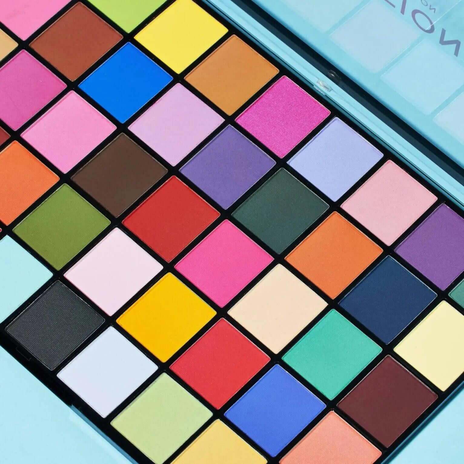 Revolution Maxi Reloaded Palette Monster Mattes featuring 45 vibrant matte eyeshadow shades for creative makeup looks.