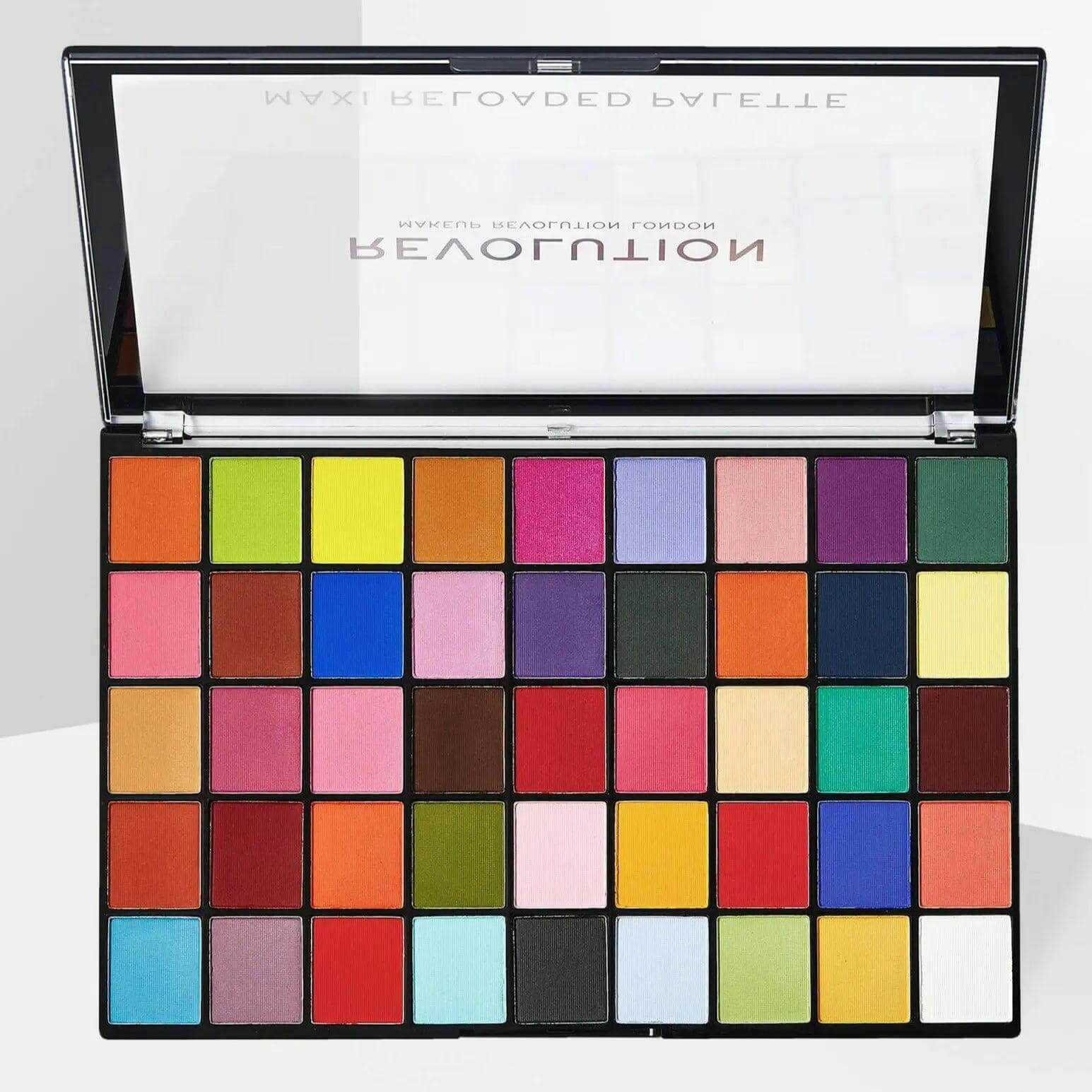 Revolution Maxi Reloaded Palette Monster Mattes showcasing 45 vibrant matte eyeshadow shades for creative makeup looks.