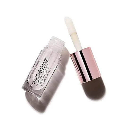 Makeup Revolution Pout Bomb Plumping Gloss, high-shine lip gloss with Vitamin E for hydration and volume.