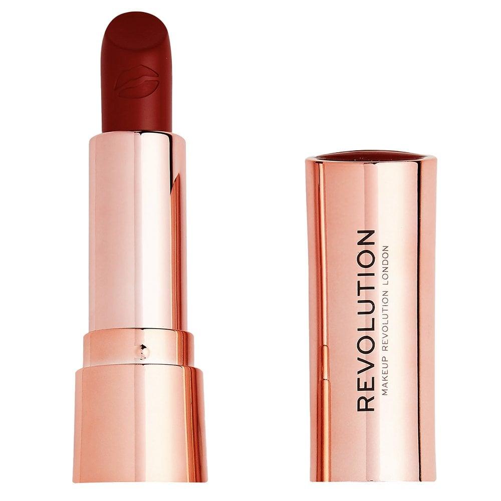 Makeup Revolution Satin Kiss Lipstick in Ruby, creamy 3.5g lipstick with rich, deep red color in stylish packaging.
