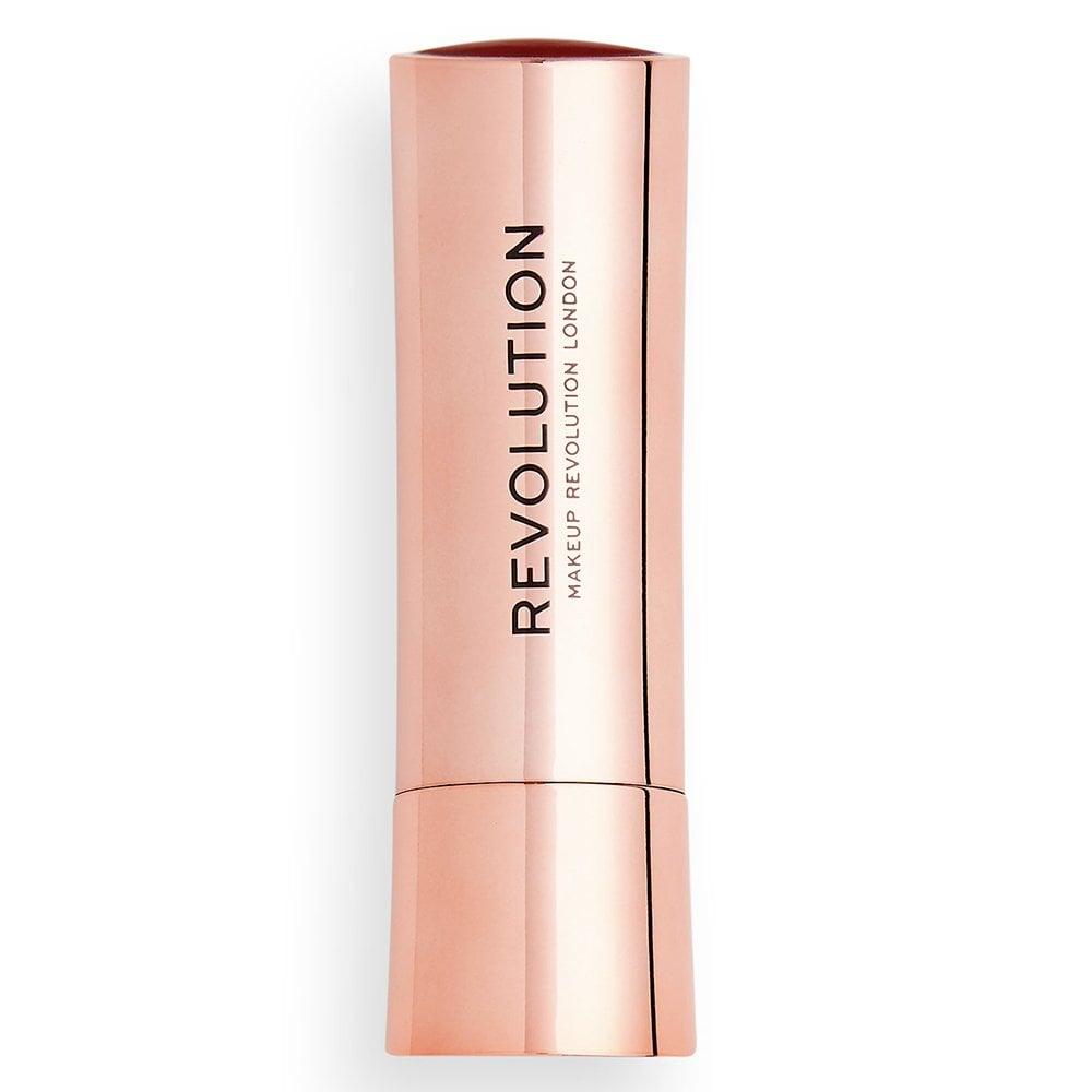 Makeup Revolution Satin Kiss Lipstick in Ruby, 3.5g tube with a sleek rose gold design.