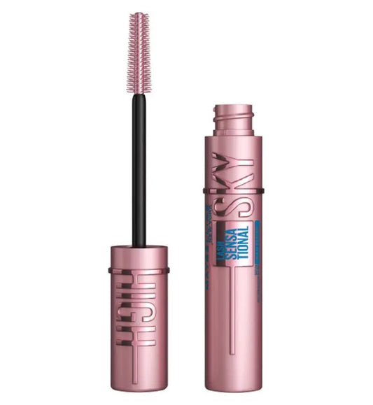 Maybelline Lash Sensational Sky High Waterproof Mascara with applicator, for volumizing and lengthening lashes.
